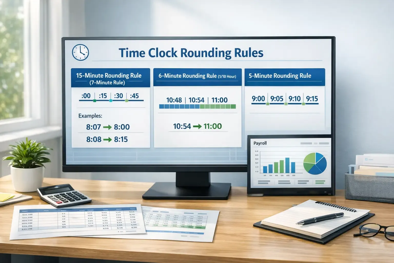 Time clock rounding rules dashboard showing 15, 6, and 5-minute rounding methods.